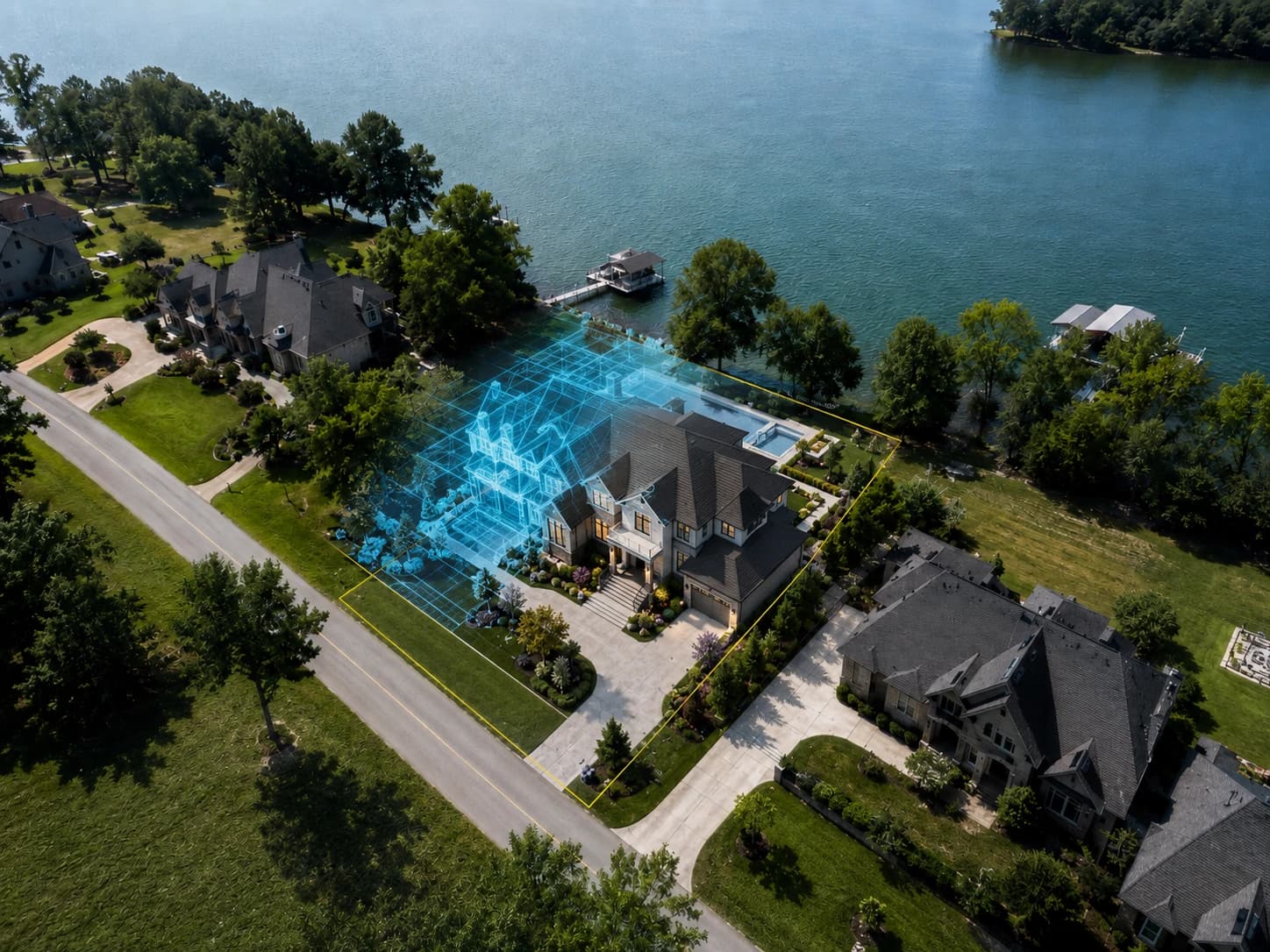 Render fotorrealista de residência de alto padrão construída em terreno à beira do lago