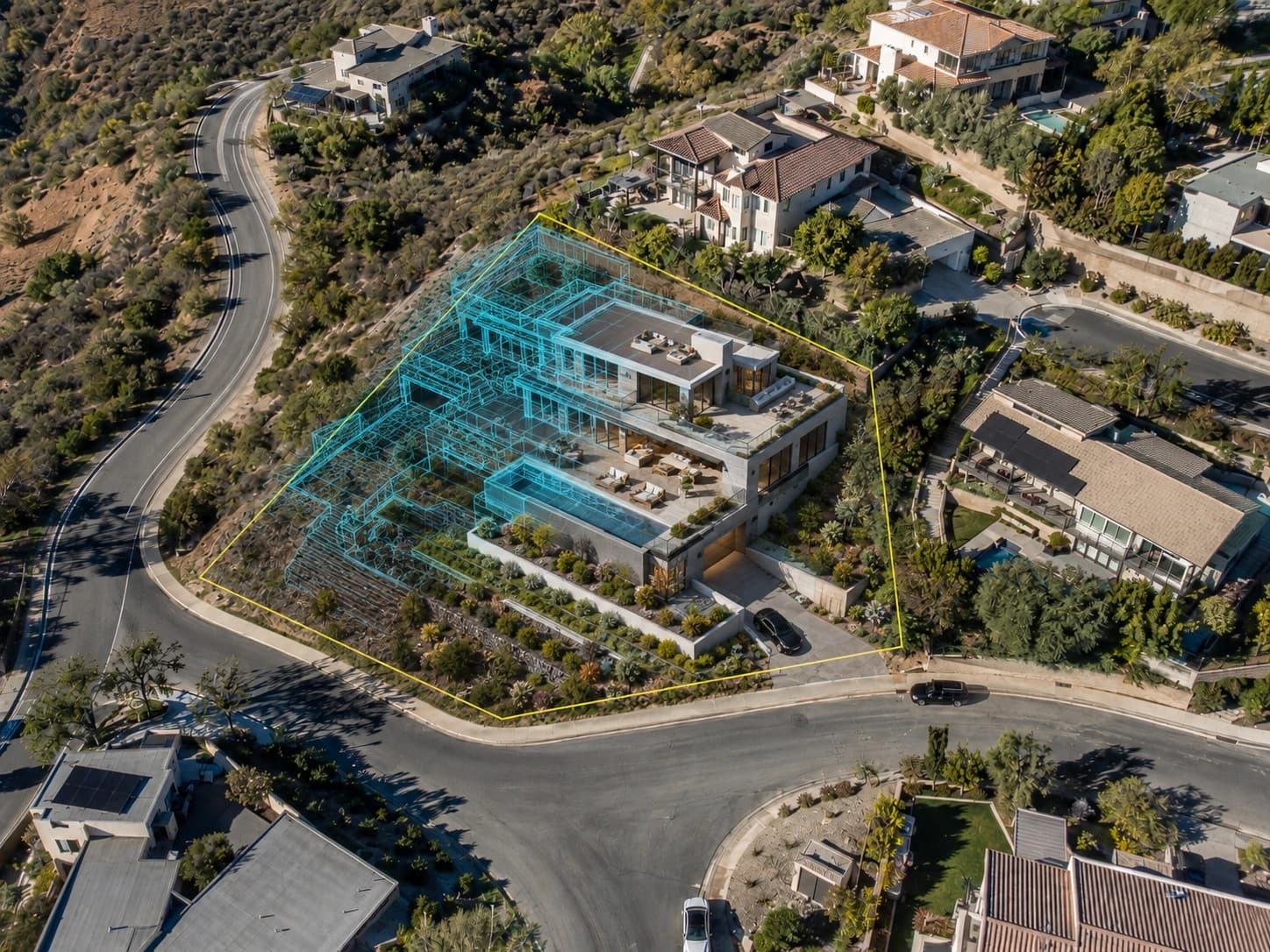 Render fotorrealista de residência contemporânea construída em lote em aclive